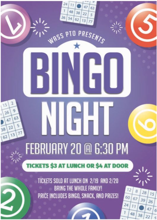 Shanlea413's tweet photo. @WassWolves 
Get your Bingo Night tickets at lunch on 2/19 and 2/20!
Remember, this is a Fsmily event. Wass Alumni and siblings are welcome! https://t.co/XUwjHKPLIa