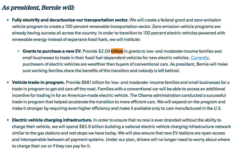 EVs suffer from chicken & egg problem - ppl don't buy them without widespread charging stations & companies don't invest in charging as not enough ppl buy EVs. Sanders soln: $2 𝙏𝙧𝙞𝙡𝙡𝙞𝙤𝙣 for ppl to trade in fossil cars AND $85B for charging infra https://berniesanders.com/en/issues/green-new-deal/