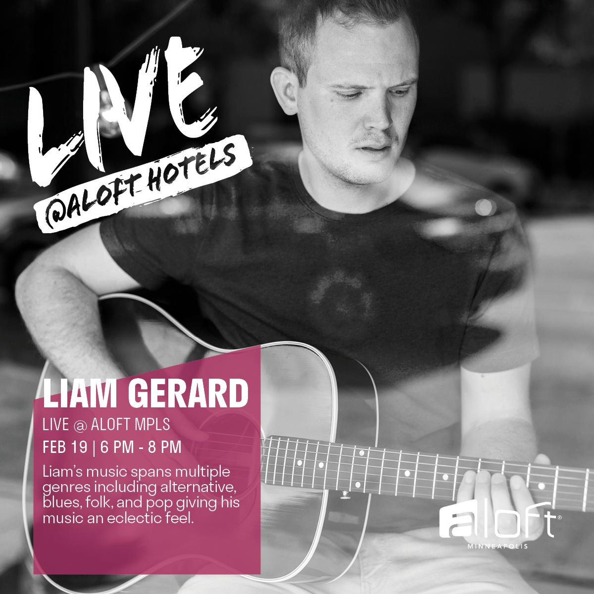 AloftMpls's tweet photo. Join us tomorrow night to see Liam Gerard perform Live @ Aloft 🎤

Minneapolis based singer-songwriter, Liam Gerard will be performing songs from his debut album "Belle and Music". Embrace the beautiful fusion of alternative, blues, folk, and pop from 6 pm - 8 pm. No cover! https://t.co/ElH1fnEQyE