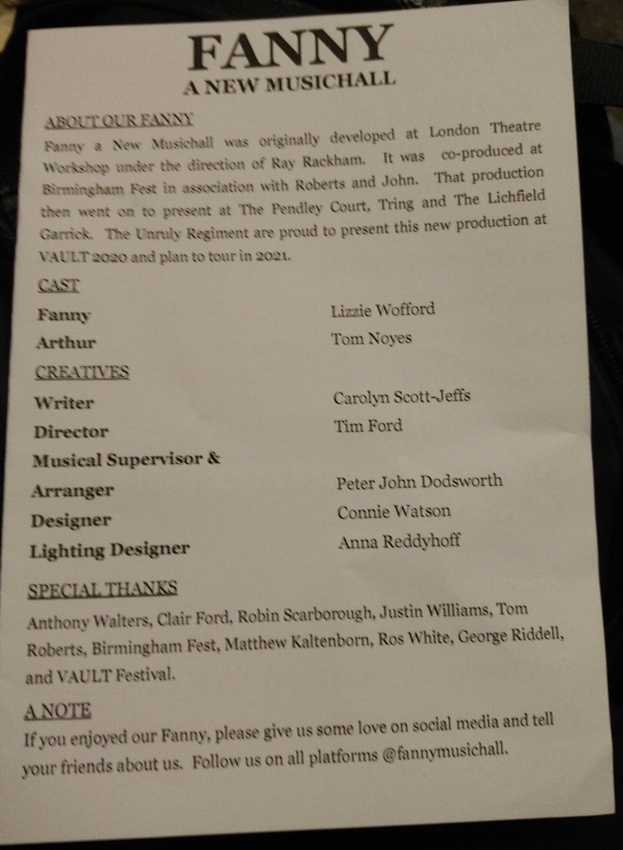 PantoCME's tweet photo. New venue for me tonight - thanks @DebsJ9598 - @FannyMusichall @VAULTFestival a powerful piece by @CScottJeffs expertly told by @lizziewofford including a chance to sing along with memorable Music Hall songs and other audience participation. https://t.co/vLFOfT1BAe
