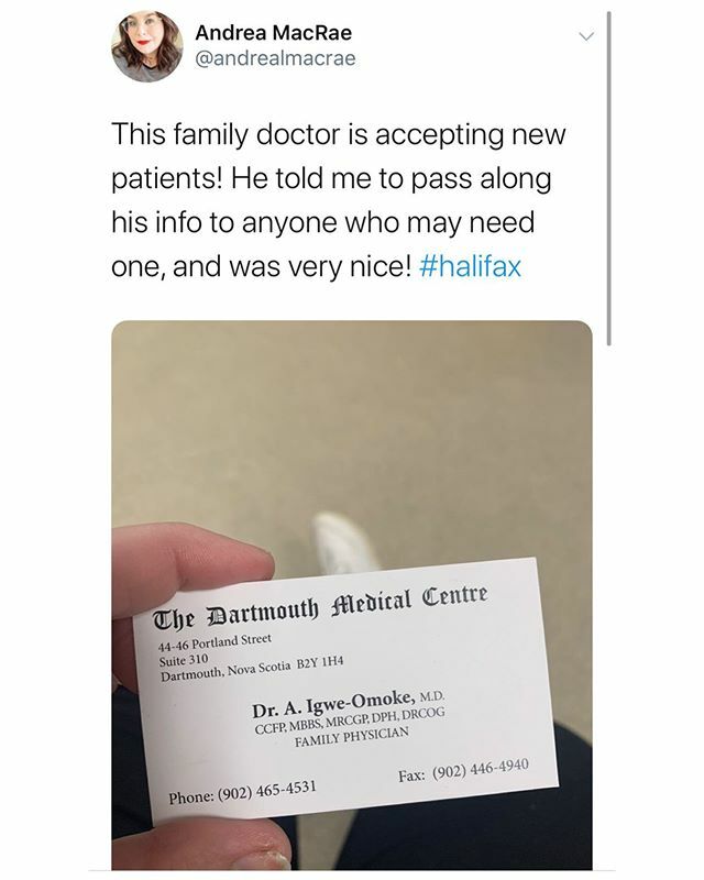 halifaxnoise's tweet image. 🚨 FAMILY DOCTOR ALERT 🚨
From @andreamacrae —
This family doctor is accepting new patients! He told me to pass along his info to anyone who may need one, and was very nice! #halifax ift.tt/38FSPFo