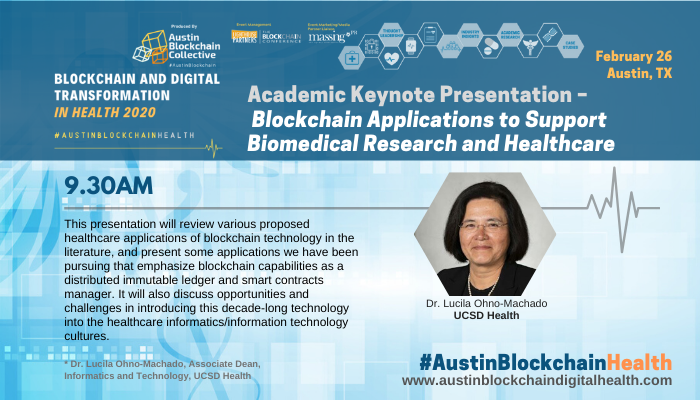 AustinDLTHealth's tweet photo. UCSD Health’s Dr. Lucilia Ohno-Machado to Present Keynote “#Blockchain Applications to Support #BiomedicalResearch and Healthcare” at Austin #HealthTech Symposium - https://t.co/rkufvJ9Da3

#AustinBlockchainHealth #UCSanDiegoHealth #informatics #healthcareIT #WomeninHealthcare https://t.co/IHmoxM6w44