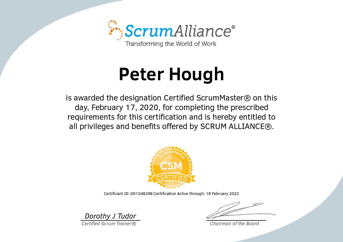 peterhough's tweet photo. I'm now officially a Certified ScrumMaster®. Excited and looking forward to applying all that I have learned. #Scrum #Agile https://t.co/qOSfmcHey7