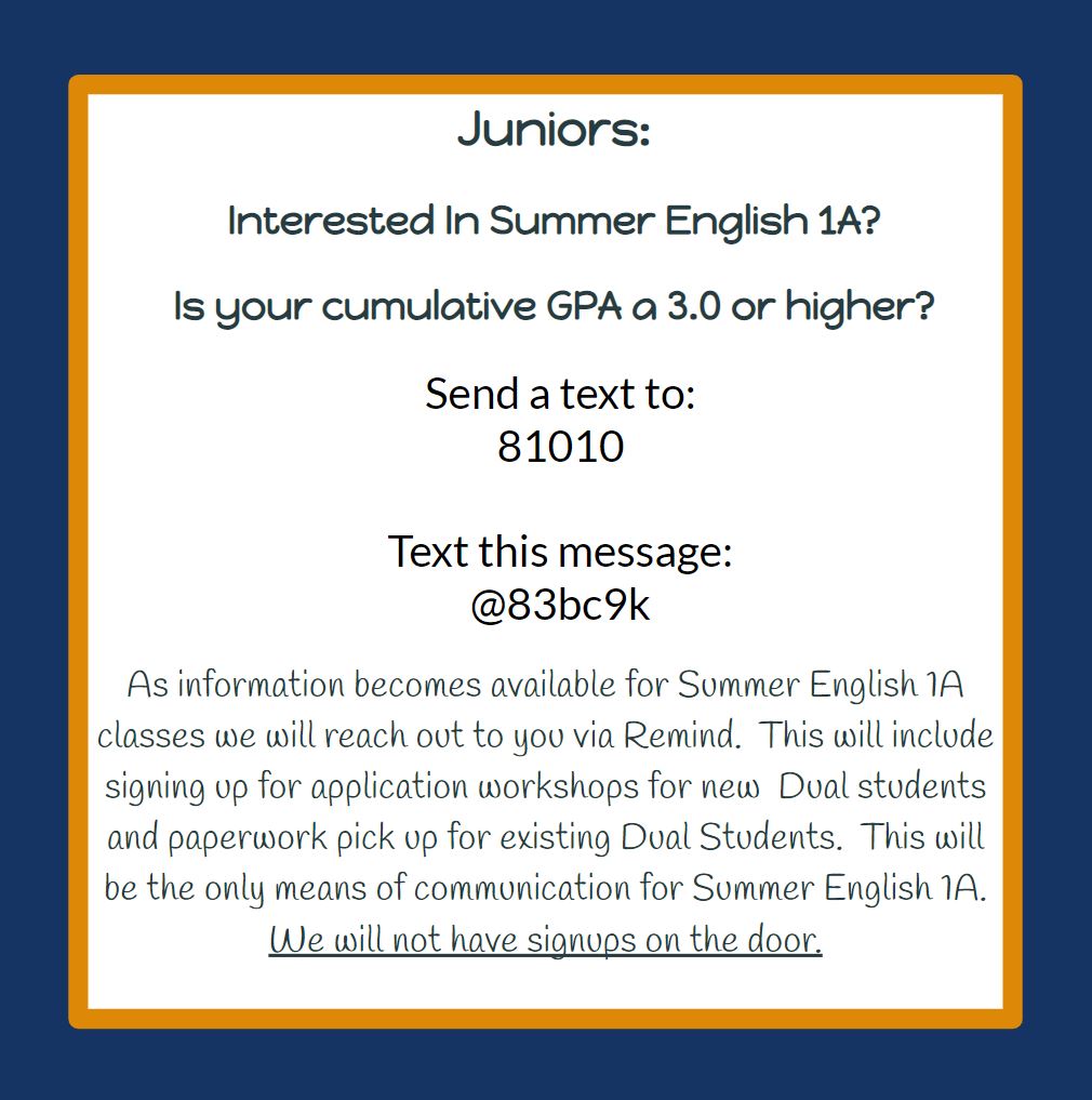 DualErhs's tweet image. Juniors are you interested in taking English 1A over summer? Information will be distributed through this remind as it becomes available.
