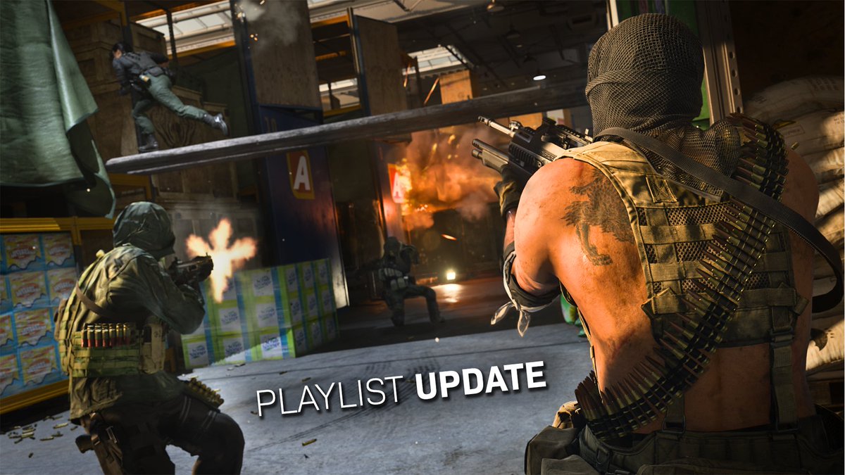 Playlist Update for today! 
Removed 2XP from playlists
Added 1v1 Rust (“1v1 Me Bro!”)
Added Rust 24/7 and Shipment 24/7 into one playlist (“Flotation Oxidation”) 
Added NVG Reinforce
Added Tavorsk District back into Ground War rotation