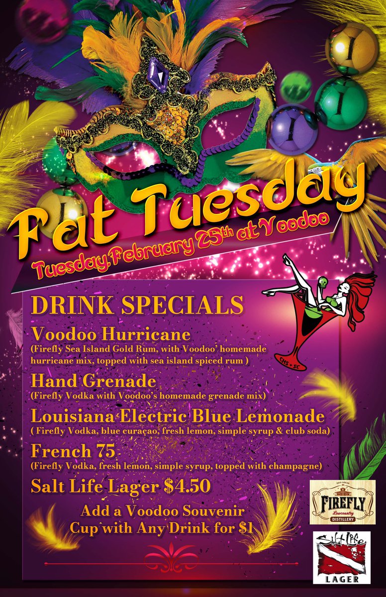 voodoo_tikibar's tweet photo. We’re going to let the good times roll on Fat Tuesday!! 🎉 Next Tuesday we’ve got Nola Parade Band and then Mike Quinn’s Party Band! Awesome drinks from our sponsors Firefly and daft beer from Salt Life! 🍹 🍻 Bayou eats from the Voodoo kitchen! 🐊 https://t.co/sAwemQ6vMo