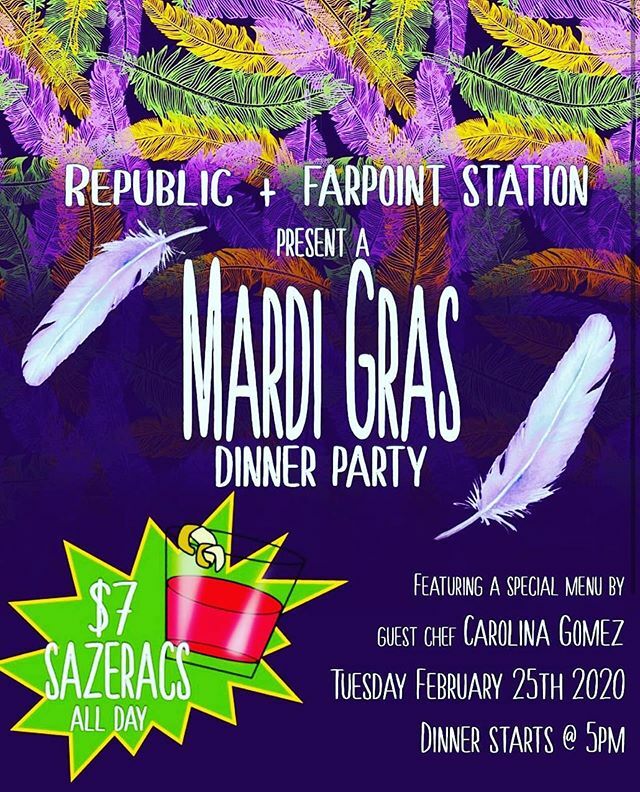 We think it’s a time for a dinner party 🎶⚜️ Stop by on Tuesday February 25th for a $7 sazerac 🥃 and a special menu by guest chef <a href="/chef_carolina/">Chef Carolina</a>.g of @farpoint_station 🎊🎷
.
.
.
.
.
.
.
.
.
#republic #takomapark #mardigras #party #dinnerparty #collab #sazerac #special #men…