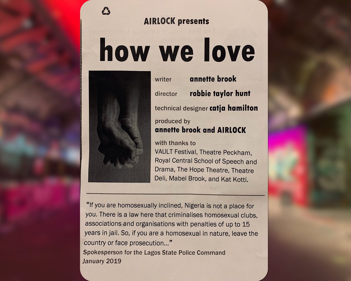 mn_pearson's tweet photo. Very happy for my friend @nettyfunky whose show 'How We Love' opened tonight @VAULTFestival. An intelligent and emotional piece about how three people are denied the chance to love who they want to love. Check it out! @auntieewa @enochlwanga @Stagewrite_ #VAULTFestival https://t.co/f6gOklzi5K