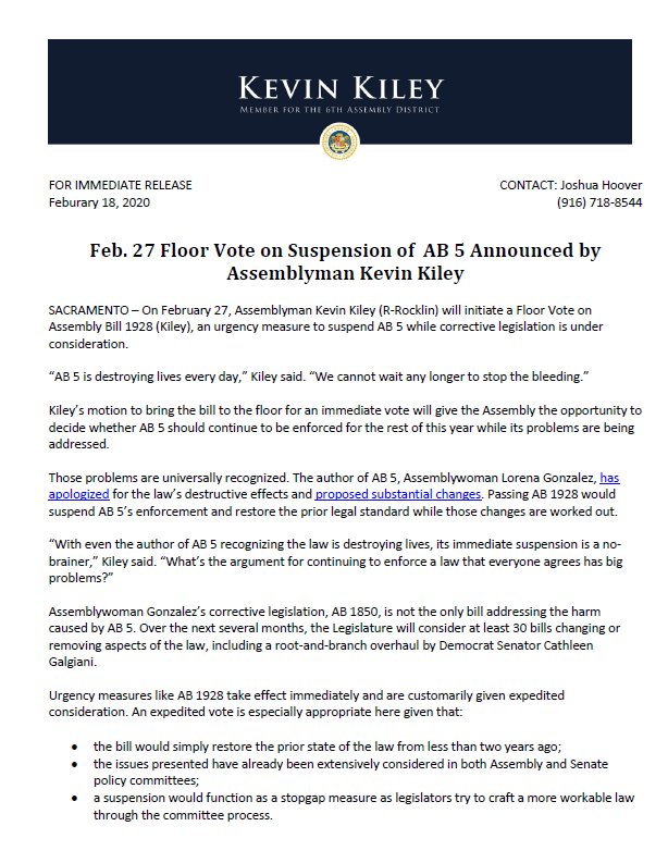 KevinKileyCA's tweet photo. Details below on next Thursday's Assembly Floor Vote to suspend #AB5. There's simply no argument for continuing to enforce a law that everyone (including the author) agrees is causing big problems &amp; needs major changes. #AB1928 https://t.co/ASCMiczs78
