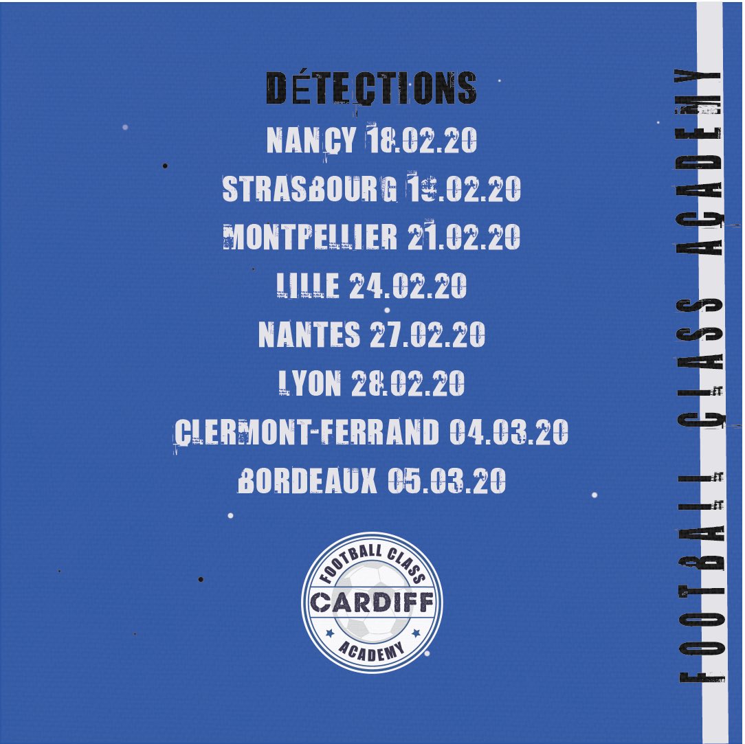 FootballClassAC's tweet photo. ‼️Détections ‼️ SWIPE LEFT >>> pour voir les dates de détections

Retrouvez nous prochainement sur les terrains : Nancy | Strasbourg | Montpellier | Lille | Nantes | Lyon | Clermont-Ferrand | Bordeaux 
https://t.co/2uD5FFVKwN 
One year 》》》🎓⚽ 🏴󠁧󠁢󠁷󠁬󠁳󠁿 https://t.co/oVVa7EU88F