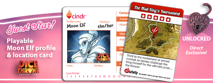 SmirkandDagger's tweet photo. Cindr would like to welcome our newest dating profile, Moon Elf from @DiceThrone. She brought along a Whelp review of her fav date locale - The Mad King's Tournament! 
Up next - New dragon! Cindr on Kickstarter now!
https://t.co/GS24mKgPx0 @roxleygames #boardgames #idatedragons https://t.co/o3BEq3oST9