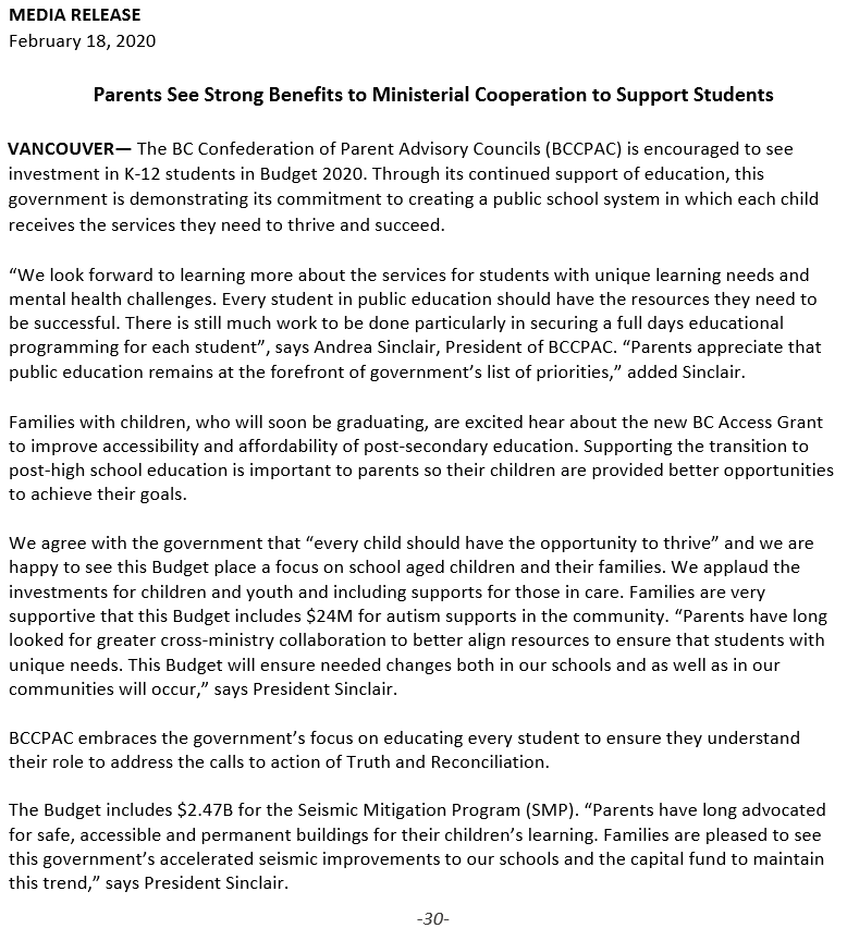 BCCPAC's tweet photo. We agree with the government that “every child should have the opportunity to thrive” and we are happy to see this Budget place a focus on school aged children and their families. Read our response to Budget 2020 - 
https://t.co/1o2UfsDOCb
#bced https://t.co/TUDVcecfEI