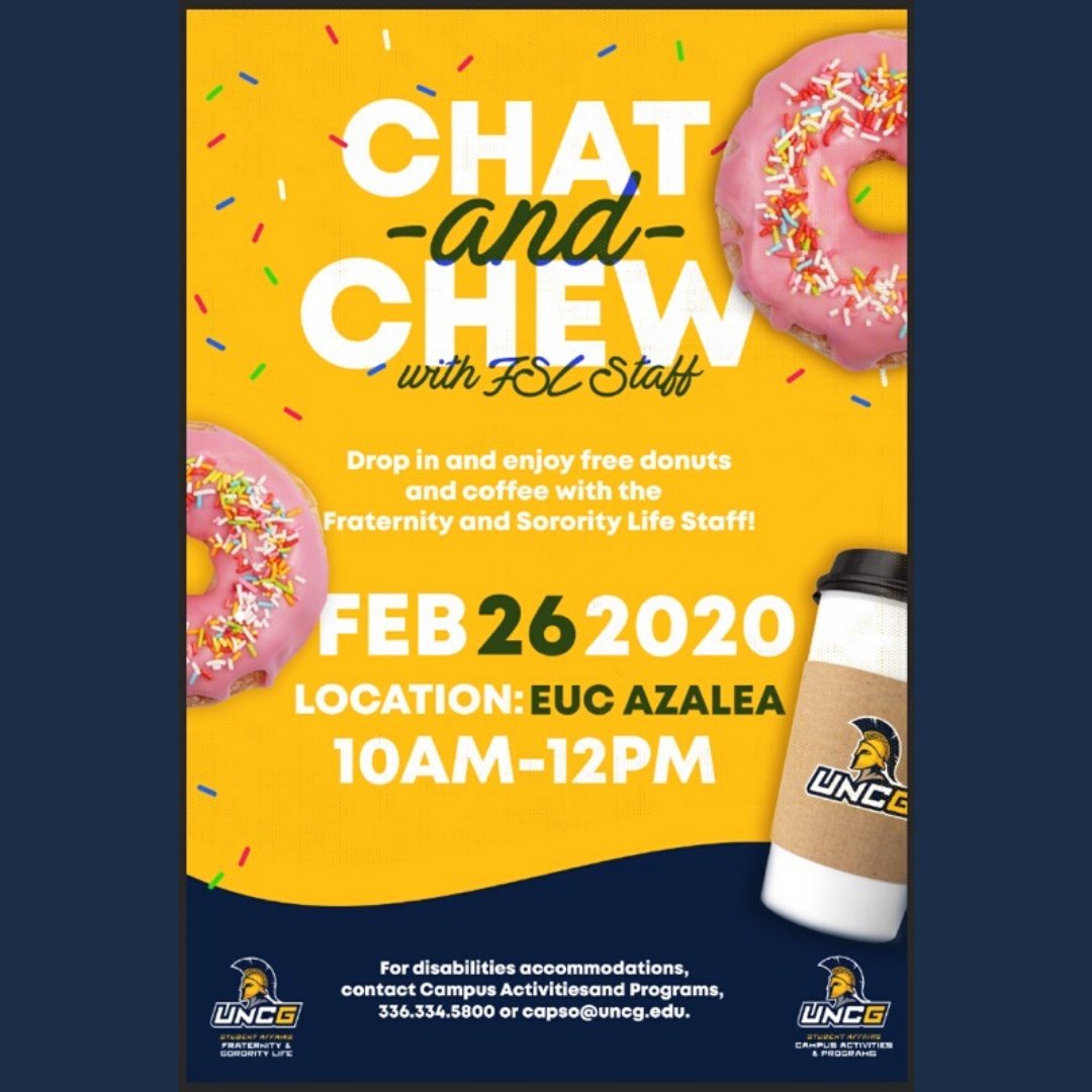 uncgfsl's tweet photo. Make sure to stop by EUC Azalea on Wednesday, February 26 from 10-noon for Chat-and-Chew with FSL Staff and enjoy free donuts and coffee! https://t.co/rqyQmtjkAK