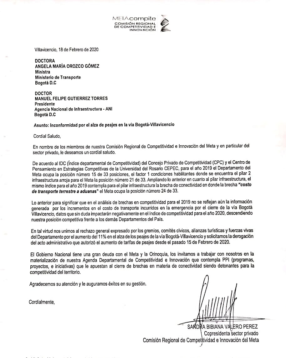 Comunicado sector privado de la comisión por el alza de peajes en el corredor vial Bogotá Villavicencio <a href="/MinTransporteCo/">MinTransporte</a> <a href="/ANI_Colombia/">Agencia Nacional de Infraestructura</a> <a href="/VeeduriaVialM/">VialMeta</a>