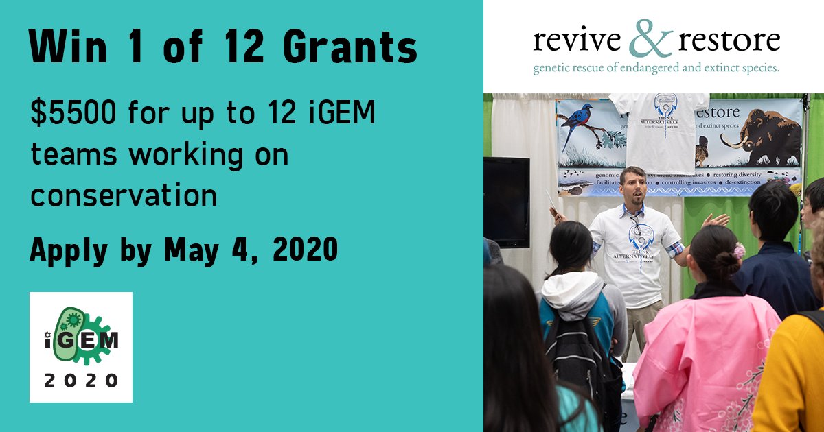 iGEM Headquarters (@igem) on Twitter photo THIS IS HUGE!! New iGEM Partner <a href="/Revive_Restore/">Revive & Restore</a> will award up to 12 grants of $5500 each to #iGEM2020 teams whose projects are focused on solving a problem in conservation. 📆 Mark your calendars --> Applications close Monday, May 4
2020.igem.org/Sponsors/Reviv… THIS IS HUGE!! New iGEM Partner <a href="/Revive_Restore/">Revive & Restore</a> will award up to 12 grants of $5500 each to #iGEM2020 teams whose projects are focused on solving a problem in conservation. 📆 Mark your calendars --> Applications close Monday, May 4
2020.igem.org/Sponsors/Reviv…