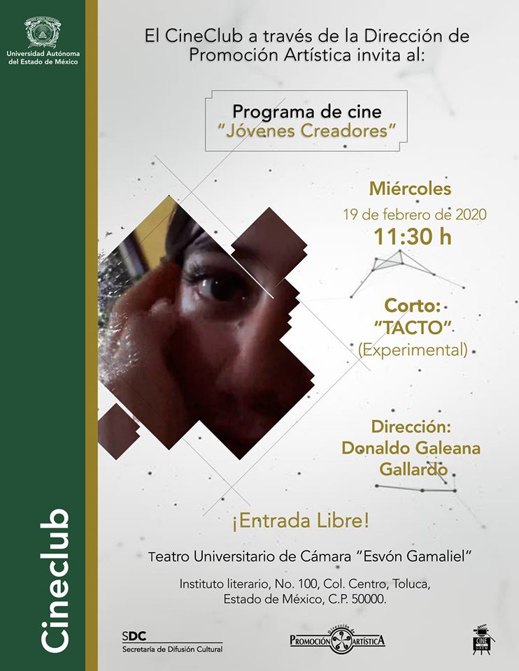DiCu_FCPyS's tweet photo. Comunidad estudiantil: Se proyectarán los cortos "Tacto" y “Sin voz” del programa de cine “Jóvenes creadores”

¡Entrada libre! 

19 de febrero/  Teatro Universitario de Cámara “Esvón Gamaliel” https://t.co/jhT1A0GFXm