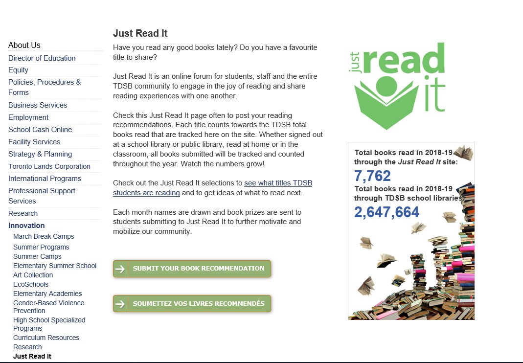TDSBLibrary's tweet photo. Just Read It is an online forum for students, staff and the entire TDSB community to engage in the joy of reading. Read a book and submit a review. Each month names are drawn and book prizes are sent to students submitting to Just Read It.  📚 https://t.co/QofHAE3zwx https://t.co/vByAt8nQZJ