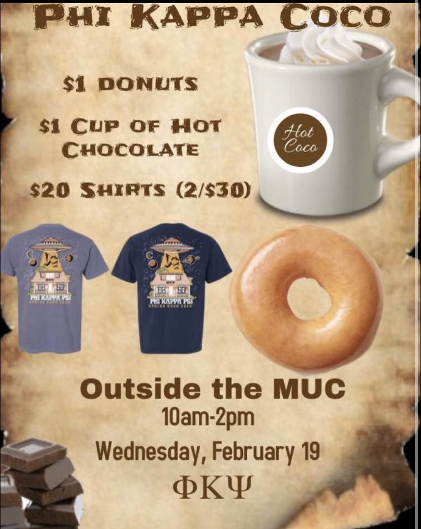 Make sure to stop by and get some Hot Coco and doughnuts from us outside the muc tomorrow from 10-2!! We will also be selling our brand new rush shirts!!! We do accept Venmo: PhiPsiSiue. We’re looking  forward to seeing you guys stop by!!☕️🍩