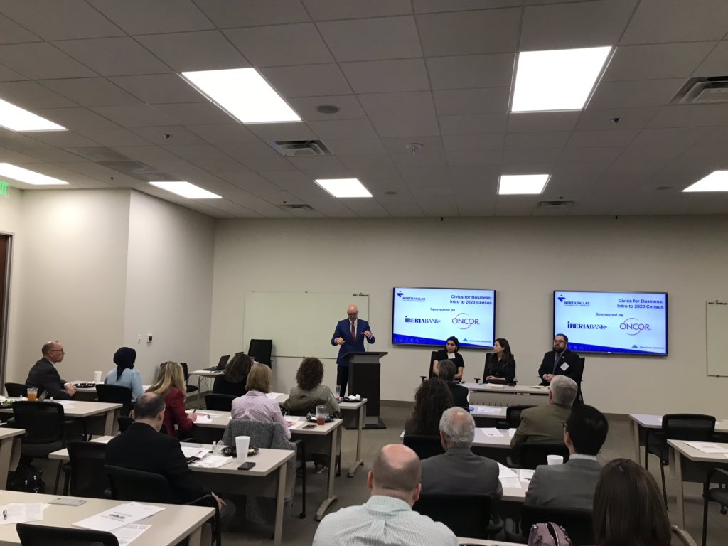 NDCC's tweet image. Civics for Business on the 2020 Census featuring @CityOfDallas’ @cedillo_pereira @ElizabethSaab, @NTxCommission’s Chris Wallace, @childrens’ @CristalRetana and @uscensusbureau Alan Sale. Thanks to sponsors @IBERIABANK and @oncor! #CompleteCount