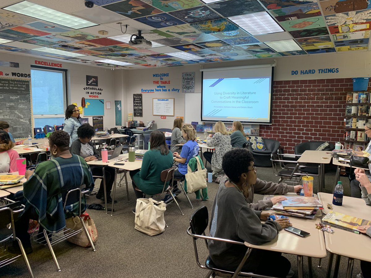 DBlack2nd's tweet photo. Today was Amazing!! I had an opportunity to present how to use diverse literature to teachers across the district with an awesome coworker!! Thanks for your support! #HCSLTI @MrsStone_5th @LieskesClass @mr_sirmans @BluffParkReads @DolanPartyof4 https://t.co/R4rLfALyoz