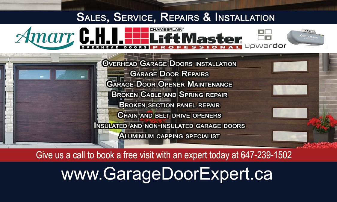 Here are some of the Top Brands we install:
Amarr | CHI | LIFTMASTER | UPWARDOR & more
☎️Please call us today at  6472391502
#GarageDoors #GarageDoorexpert #GarageDoorsMississauga #OverheadGarageDoor #GarageDoorService #BrokenGarageDoor #GarageDoorBrokenSpring #GarageDoorOpener