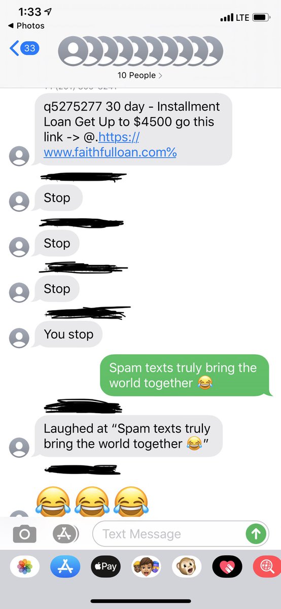 HaleyHinds's tweet photo. I hate getting spam texts. 📲
But, I love how they can turn a group of 10 strangers into friends. 😂
#YouStop https://t.co/fGtNiFiYy3