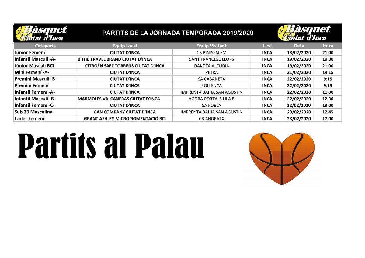 ciutatdinca's tweet photo. Partits de la setmana al PALAU #123Inca https://t.co/hK0f5NCdTo