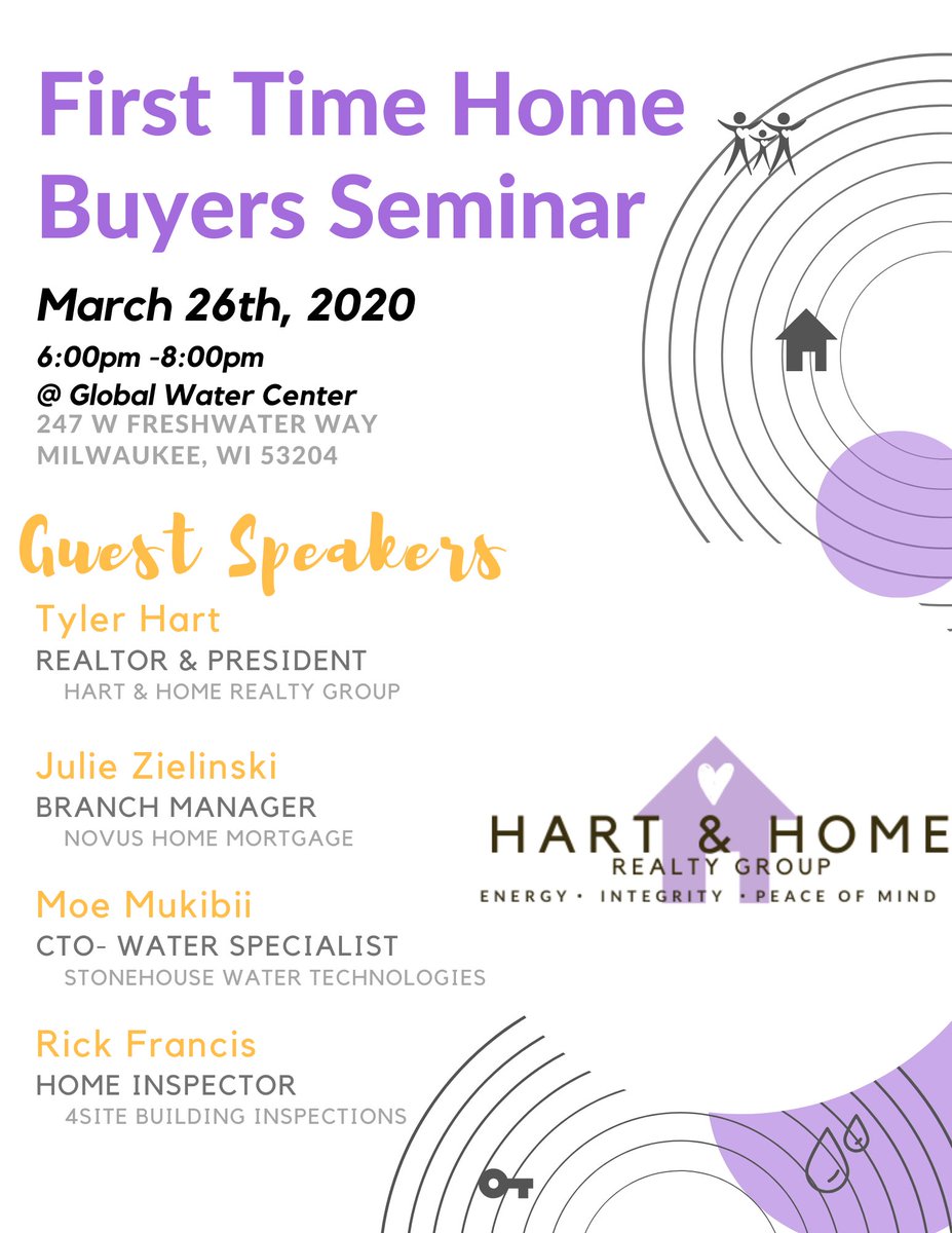 StonehouseWater's tweet photo. Save the date! Don't miss the First Time Homebuyer Seminar at the Global Water Center in Milwaukee on March 26th from 6-8:00 PM hosted by Hart &amp; Home Realty Group. You'll enjoy a great lineup of guest speakers! Seats are limited, so please contact Tyler Hart at Hartmke@gmail.com https://t.co/T2040bMpKj