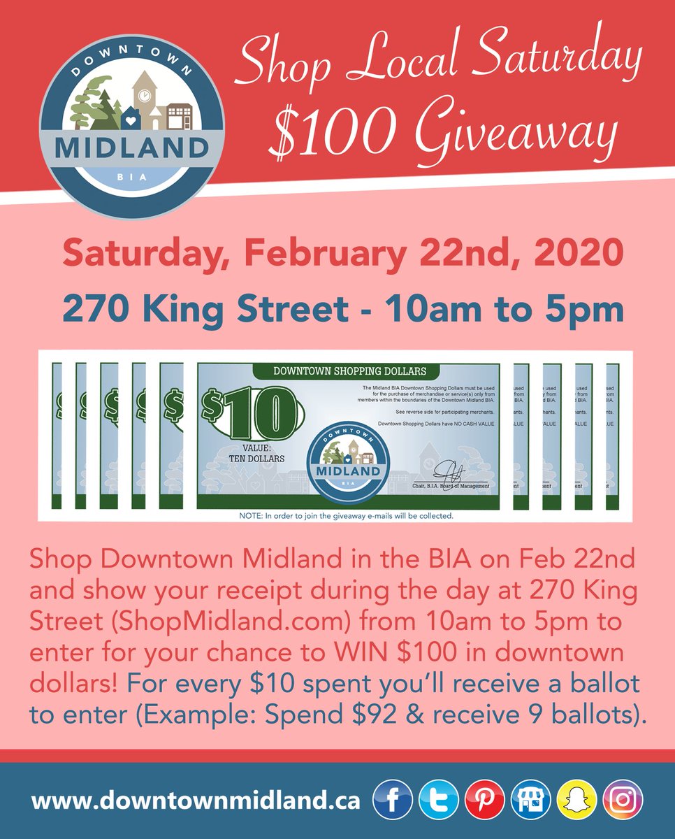 ShopMidland.com is proudly sponsoring the Shop Local Saturday $100 Giveaway in Downtown Midland on Saturday, February 22nd! Spend $10 or more to enter to WIN: shopmidland.com/events/?view=d…

#DMShopLocalSaturday #DowntownMidlandON #ShopMidland