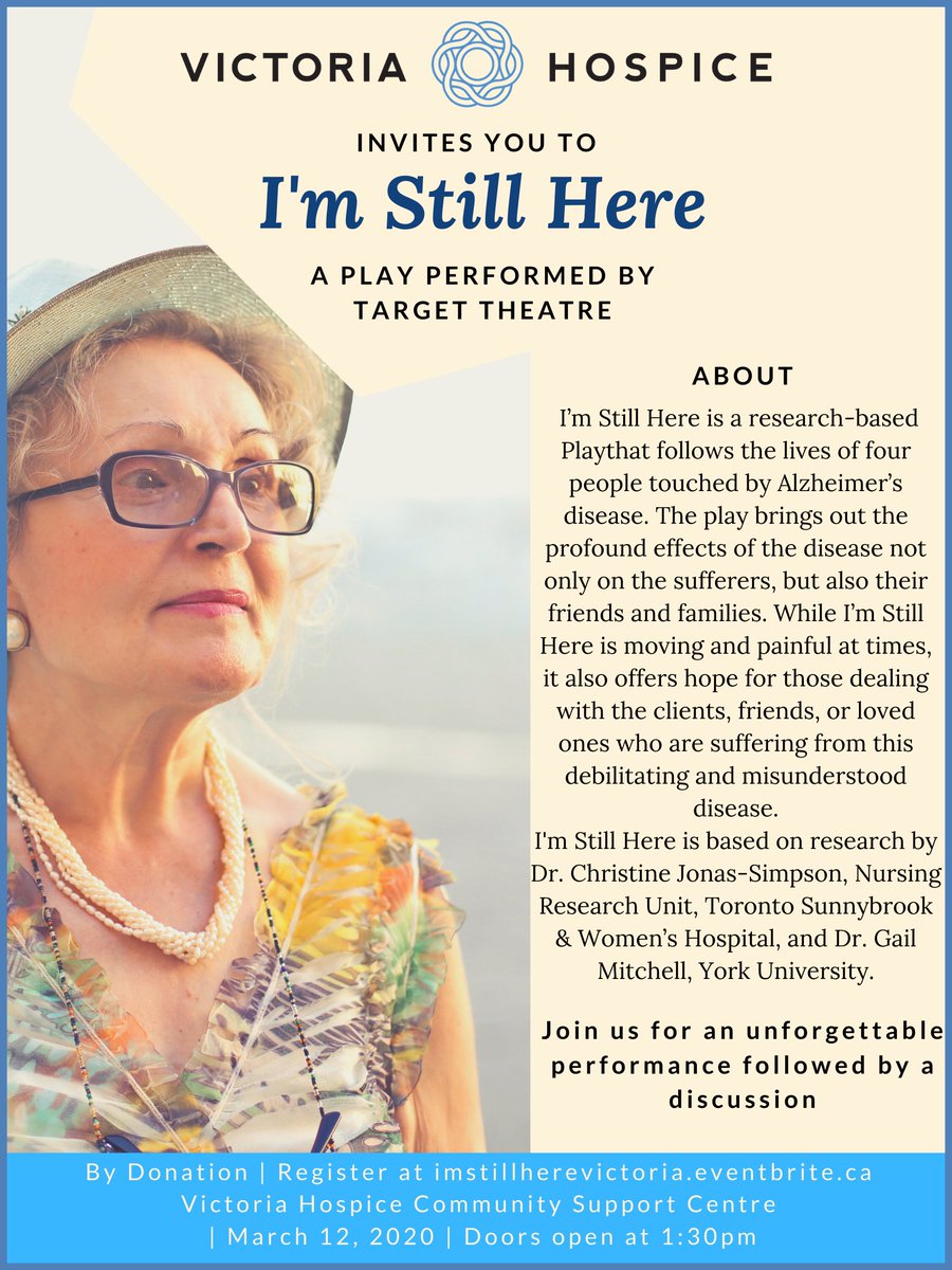 Join us at our Community Support Centre for an unforgettable performance of "I'm Still Here", a research-based #play presented by Target Theatre. Register now for March 12th at imstillherevictoria.eventbrite.ca