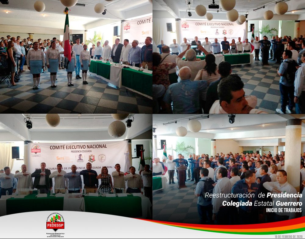 #FEDESSP Estado de #Guerrero
Reestructura Presidencia Colegiada en <a href="/fedesspguerrero/">fedessp guerrero</a> CEN José Manuel González Rentería y
Ma. Eugenia Dávalos Glez
Magistrado del TFCA Ángel Humberto Félix E
Presidente Estatal René Pastrana N. #SNTE
<a href="/SindicatoSCT/">Sindicato SCT</a>
#SAGARPA
<a href="/CENBIENESTAR/">sntbienestar</a>
#FelizMartes