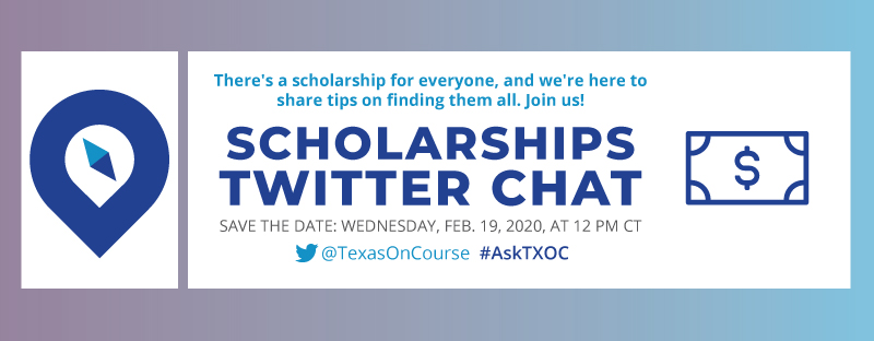 TexasOnCourse's tweet photo. We’ve got the expert info you need on the $3 BILLION in #scholarships that are available to students every year. Join our Twitter Chat TOMORROW, 2/19 at noon CST. Educators like you will share tips on helping students access these precious resources. Tweet questions to #AskTXOC! https://t.co/iTeqiDJTMY