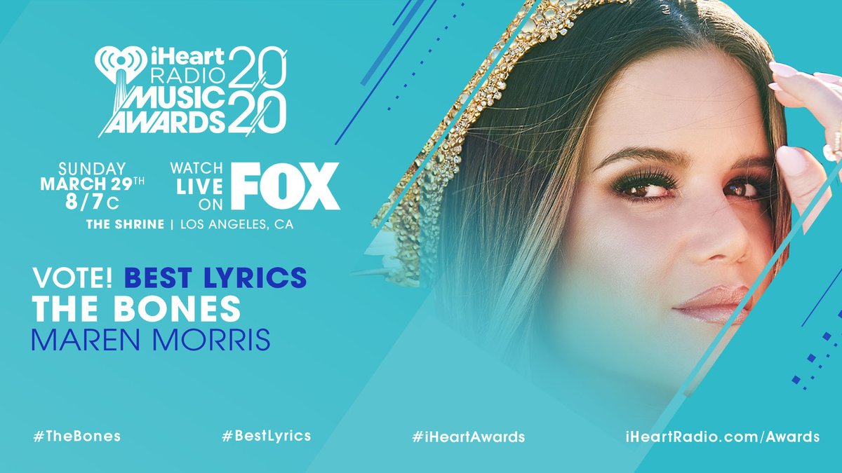 iHeartRadio's tweet image. ✨ @MarenMorris ✨

#TheBones #BestLyrics #iHeartAwards
iHeartRadio.com/Awards