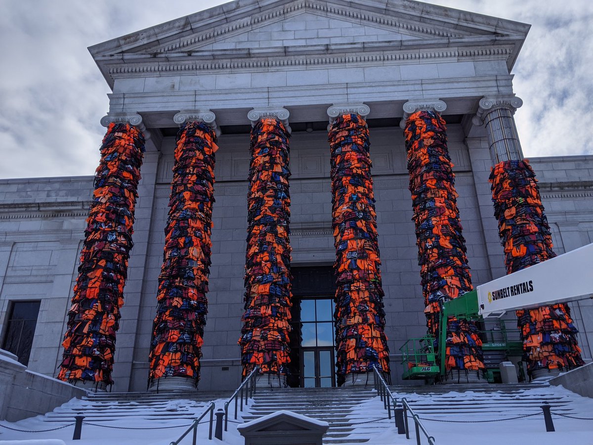 Ai Weiwei's latest: Hundreds of refugee life jackets tied together and draped over the columns of the Minneapolis Institute of Art.