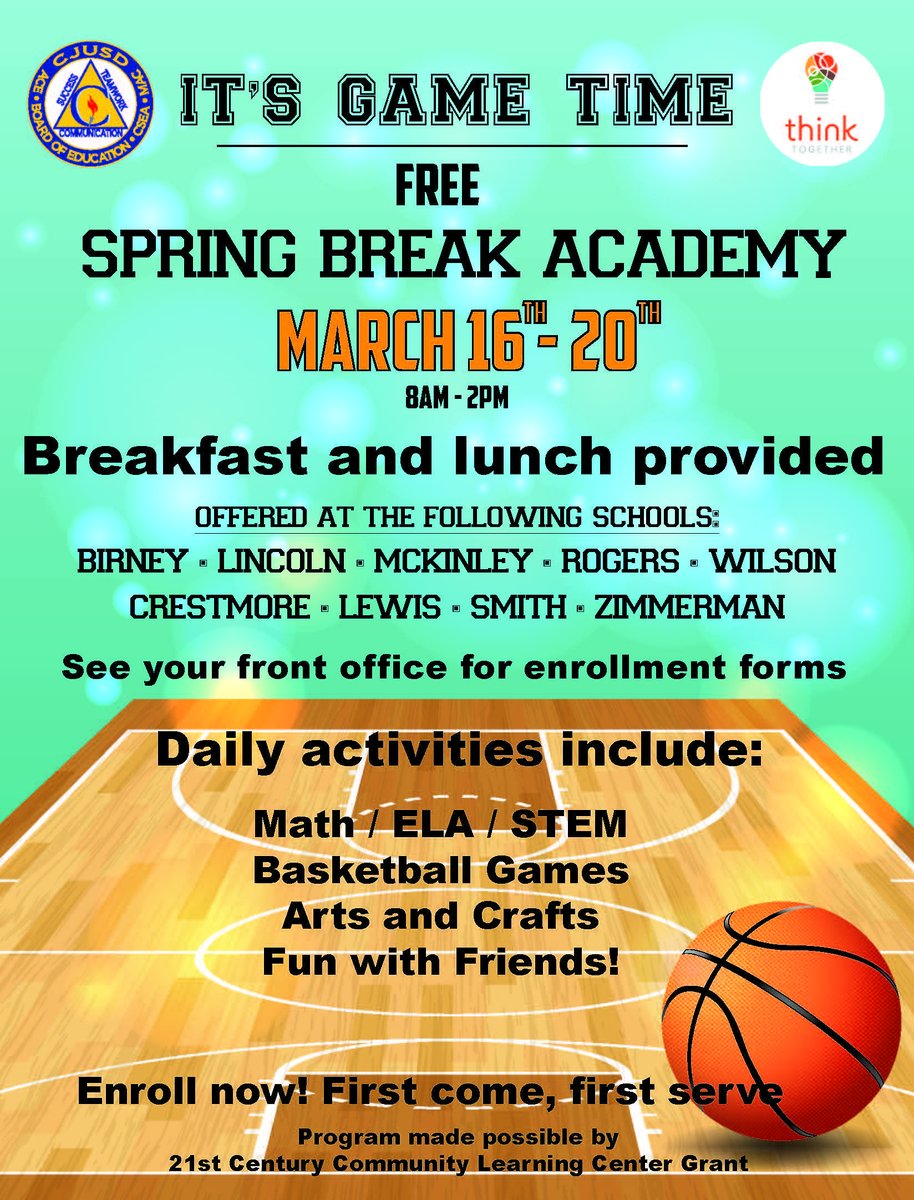 CJUSD_EXL's tweet photo. What will your Ss do during spring break? Heres an idea for week one, participate in the elementary spring break program at the following sites: Birney, Lincoln, McKinley, Rogers, Wilson, Crestmore, Lewis, Smith, and Zimmerman https://t.co/QBbfIWEzJj