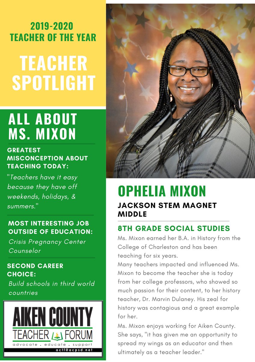 🔦 2019-2020 Teacher of the Year Teacher Spotlight:
Ms. Ophelia Mixon from <a href="/JMSIndians/">Jackson STEM Magnet Middle</a>

#teacherleaders #ACTFsupports #ACTFadvocates #TOY