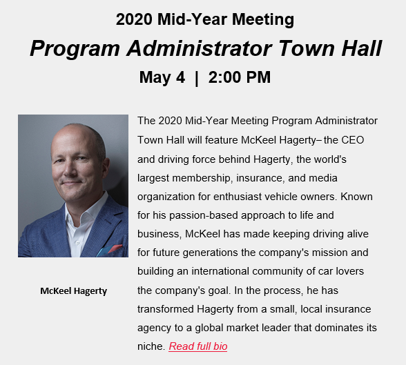 TMPAA's tweet photo. The first scheduled session of the #2020MidYear Meeting is the Program Administrator Town Hall. This year, we're excited to welcome McKeel Hagerty, CEO @Hagerty, to the podium. https://t.co/cx05TuIJQU https://t.co/qfn5BsvZUn