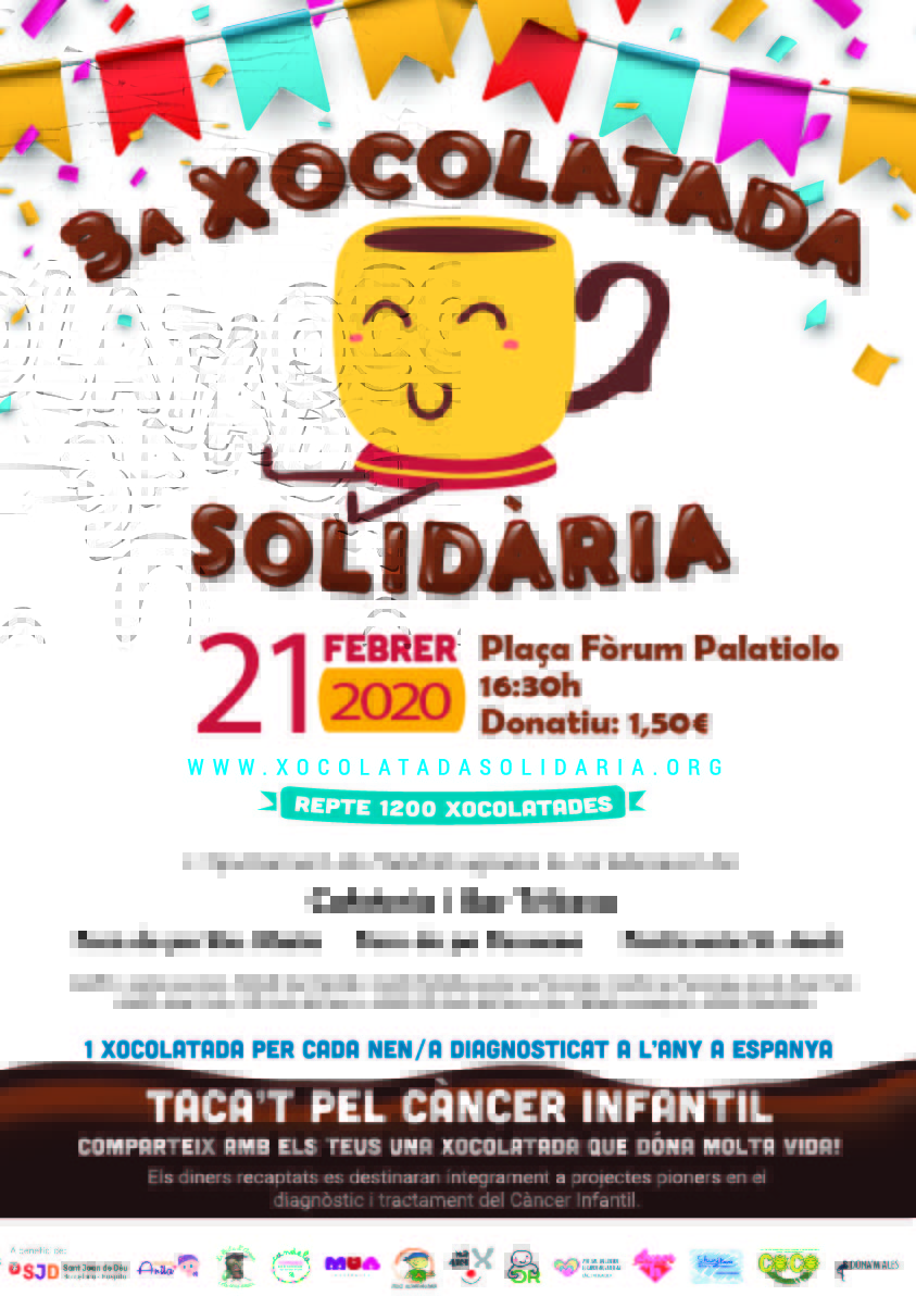 🍫🍫 Aquest divendres 21 de febrer us convidem a tots a ser #solidaris. Per què? Perquè entre tots podrem ajudar a la investigació contra el càncer infantil que duu a terme 
<a href="/SJDbarcelona_ca/">Hospital Sant Joan de Déu Barcelona CAT</a>🧬

📲 Més informació a: bit.ly/38E2f4l

#xocolatadasolidària