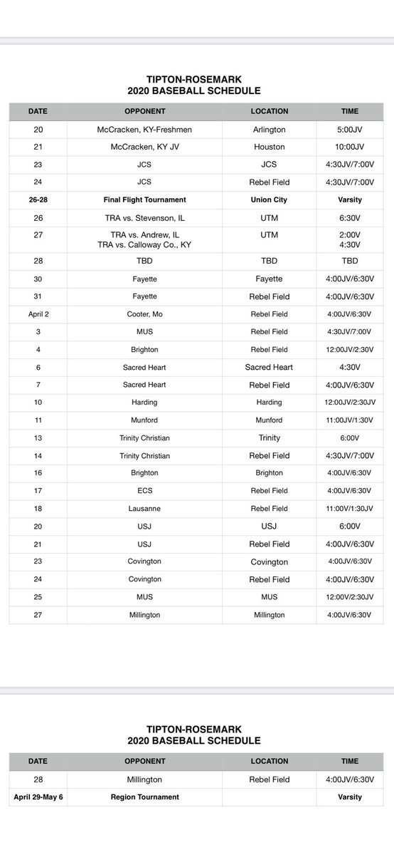 2020 TRA Baseball Schedule