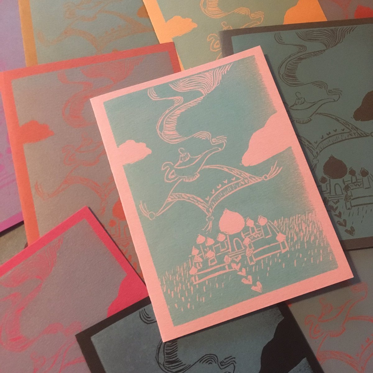 botts_jeremy's tweet photo. The kids made great linocut valentines again this year. We printed them on the Asbern proofing press in silvery aqua ink on Canson papers. #valentines #linocut #reliefprint #asbernpress #proofingpress #shark #stegosaurus #aladdin #flyingcarpet #kidsart #colortheory #printmaking https://t.co/2jkH5E8G74