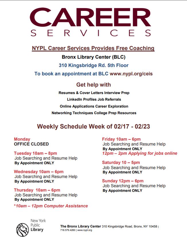 BronxBlc's tweet photo. #CareerServices Weekly Schedule
February 17-23, 2020
#BronxLibraryCenter https://t.co/OuFoa9OeUi