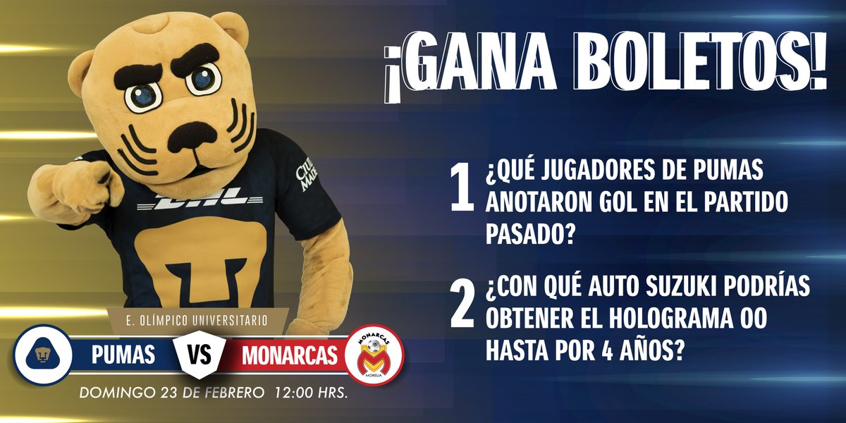 Suzuki_Mex's tweet image. ¿Quieres boletos para ver a @PumasMx el próximo domingo? 🤩

Responde correctamente las preguntas, etiqueta a la persona con la que compartirías tu pase doble usando el hashtag 👉🏻 #ConSuzukiAlEstadio 👈🏻 y ¡Gana! #TuPasiónEsMiMotor #SoyDePumas