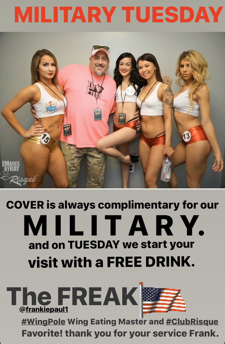 ClubRisque's tweet photo. #MilitaryTuesday • Cover is always Complimentary for our Military and on Tuesday, your First Drink is on us • Frankie Paul, The Freak. #WingPole Wing Eating master, #ClubRisque favorite and VETERAN. Thank You for your service Frank♥️ https://t.co/NvC4GrHaHC