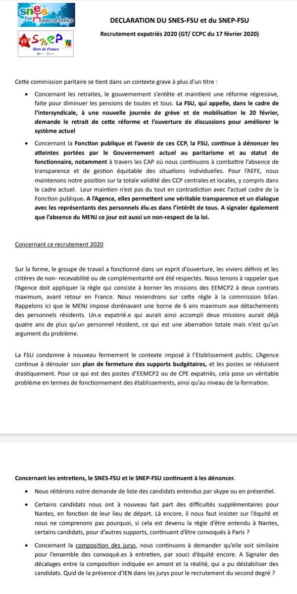 sneshdf's tweet photo. GT @aefeinfo à Nantes, recrutement des expatriés #AEFE (EEMCP2 + CPE) rentrée 2020
Déclaration SNES/SNEP-FSU : https://t.co/B5EatwpugK
"L'absence du MEN ce jour est un non respect de la loi"
#Retraites #Greve20fevrier
#FonctionPublique #Paritarisme
#Budget #Postes #AEFEendanger https://t.co/1mhl7wOfKu