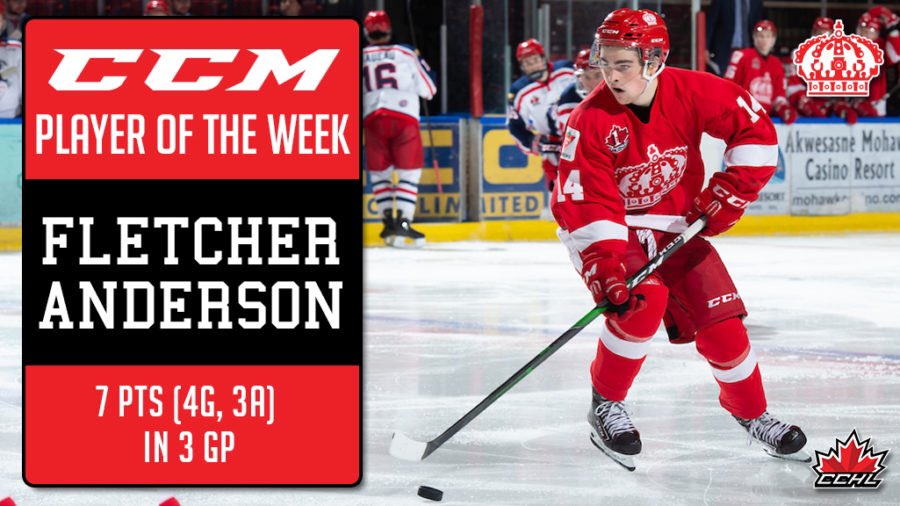 TheCCHL's tweet photo. Release | Fletcher Anderson named Week 23 @CCMHockey Player of the Week

The @PLKingsCCHL forward led all @TheCCHL players with 7 points (4G, 3A) in 3 games of action

📷 https://t.co/ijdDBvZ7QI
Graphic | Mark Kelly

🗞 | https://t.co/XejanF9YzA https://t.co/HdDIUcH5d0