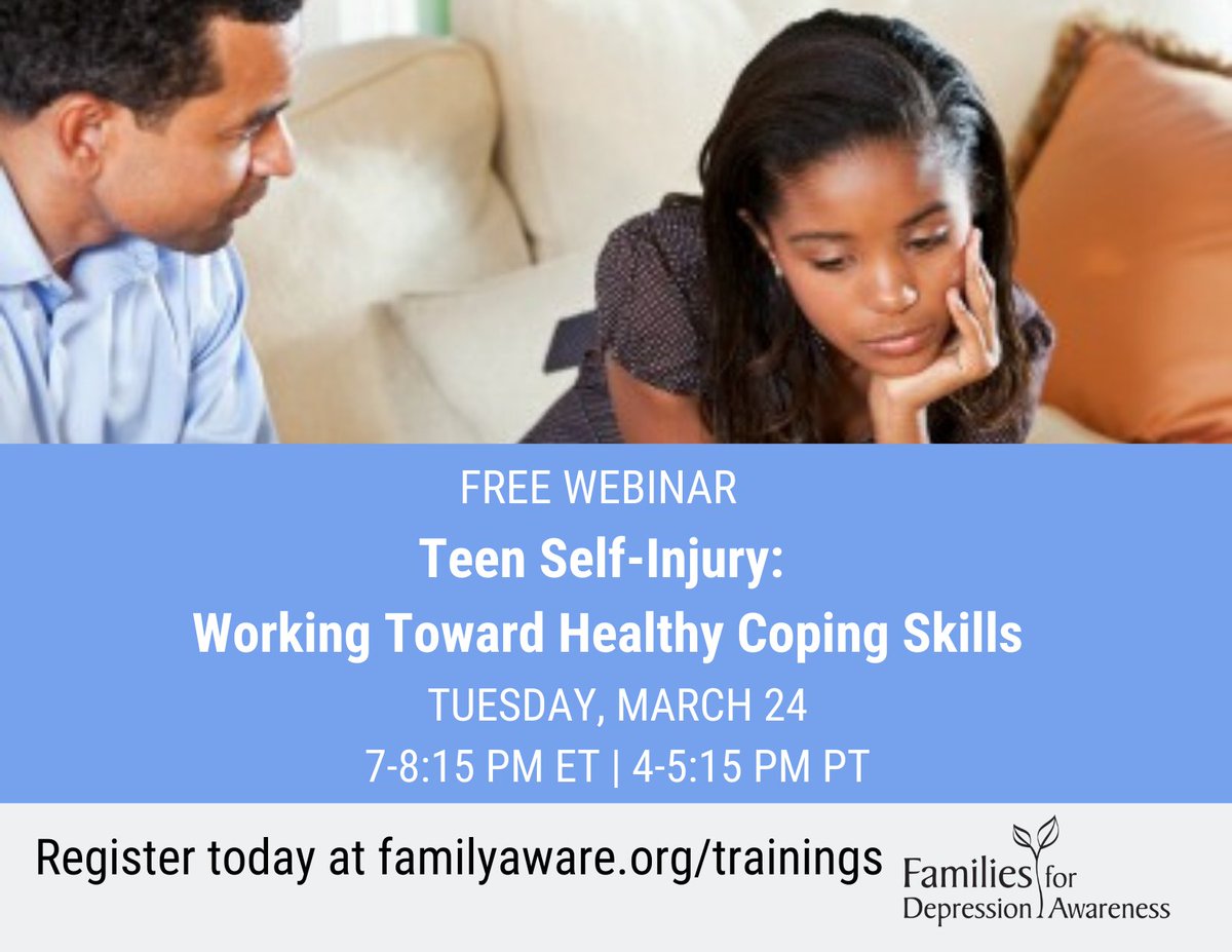 FamilyAware's tweet photo. Registration for our free Teen Self-Injury: Working Toward Healthy Coping Skills webinar is open! Register today and help us spread the word. https://t.co/CqsMjBj0Vc https://t.co/kQBTRuXiaD