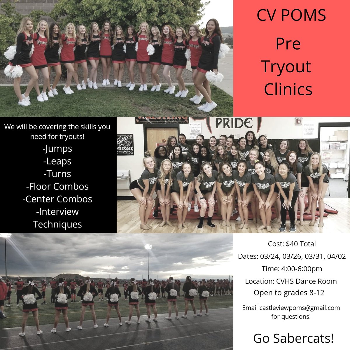 castleviewpoms's tweet photo. Join us for our Pre-Tryout Clinics! We will be covering all you need to know for tryouts! $40 total. Come to 1 class or all 4! We'd love to see you there! Registration link in bio 😊 https://t.co/9WqBLTAGeh