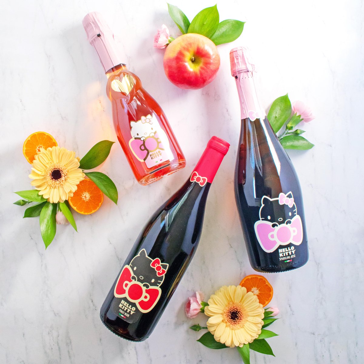 hellokitty's tweet photo. Brighten up any occasion with #HelloKittyWines, 21+ friends! ☀️🌸🌼Find #HelloKitty Sparkling Rosé, Pinot Noir and Sweet Pink at select @BevMo stores in California. https://t.co/ACEzbeMeTL