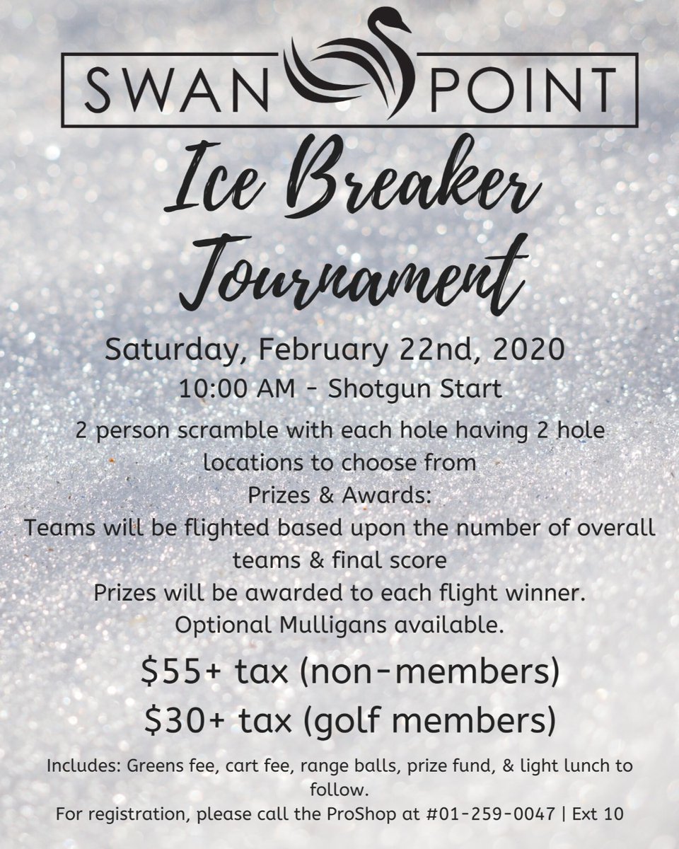 swanpointycc's tweet photo. Our Ice Breaker Tournament is this Saturday! Join us on the 22nd for a 10 AM Shotgun start. 
Call the Proshop for details! 301 259 0047 | Ext. 10

#golflife #golfisgreat #eatsleepgolf #somd #instagolf #waterfrontgolf #welovegolf #golfcourse #enjoytheoutdoors #golfswag #swanpoint https://t.co/1razsJUD6j