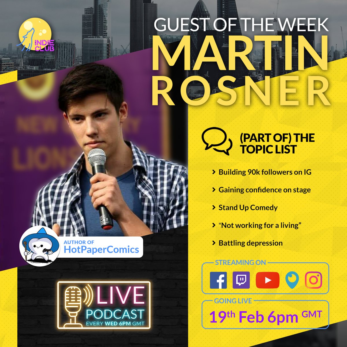 Tomorrow I'm doing another #livepodcast (6pm gmt) with very talented Martin Rosner author of @HotPaperComics - Martin is a fellow comedian and a friend. And there's a lot of great topics to cover. Send in your questions using #indieclublive